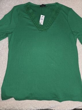 Talbots Green V-Neck Lace-Trim Top